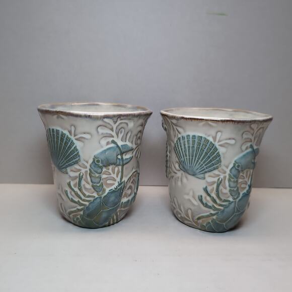 Set of 2 Cracker Barrel Mugs 3D Seahorse Seashell Starfish Lobster Beach Ocean - Picture 4 of 7